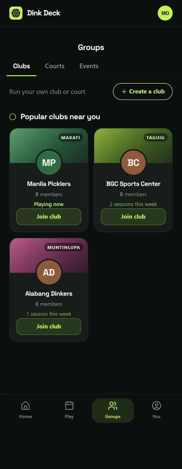 Groups is clubs and courts