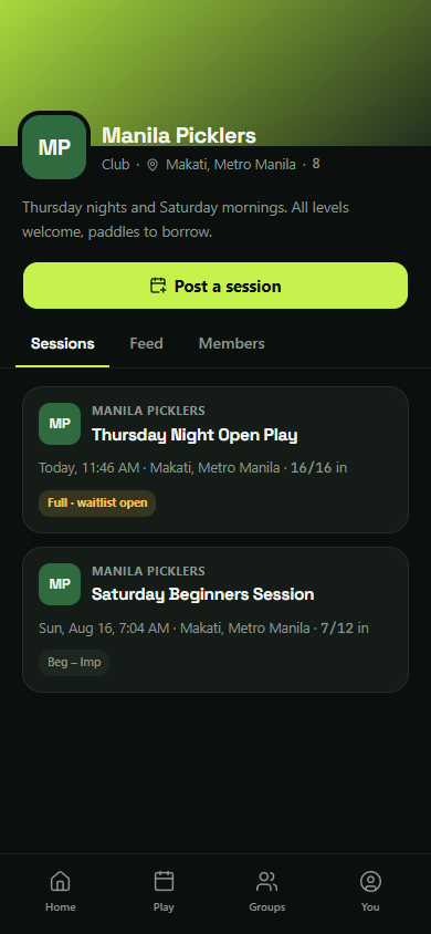 A club's public page showing its upcoming sessions and a Post a session button