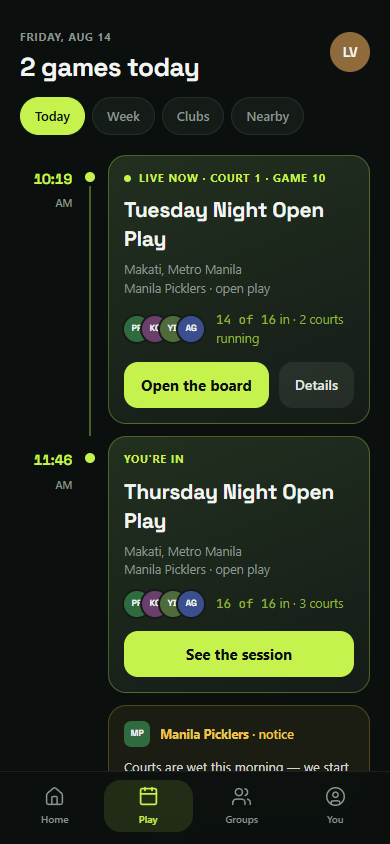 The Discover screen listing today's open play sessions, including one live now